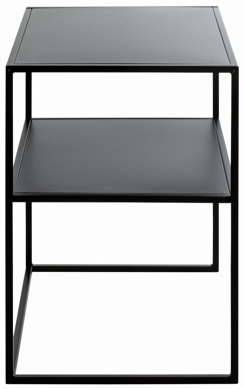 Moderner schwarzer Beistelltisch mit zwei Ebenen, frontal betrachtet.