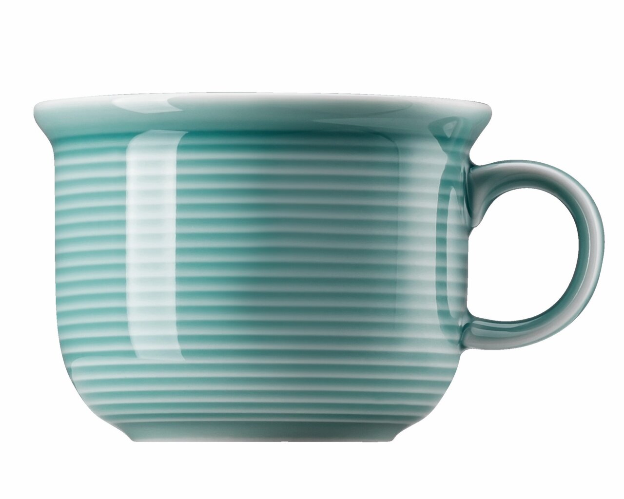 Espresso-Obertasse Ice Blue in Seitenansicht mit feinen horizontalen Streifen und elegantem Henkel.