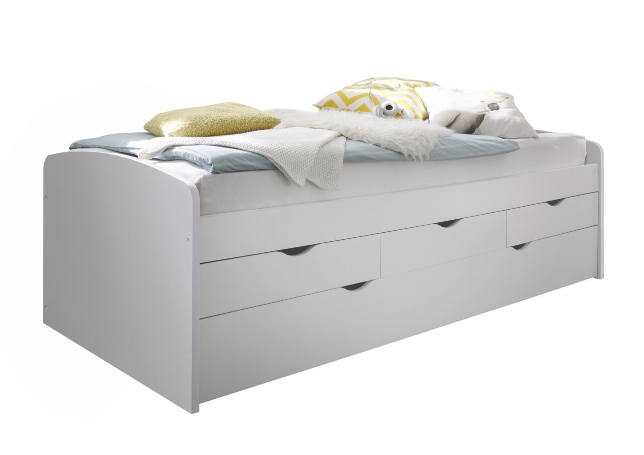 Weiße Tandemliege mit Schubladen, seitliche Perspektive