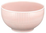 Rosa Müslischale mit geriffeltem Design, seitliche Perspektive