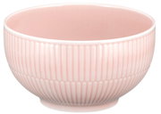 Rosa Müslischale mit geriffeltem Design, seitliche Perspektive