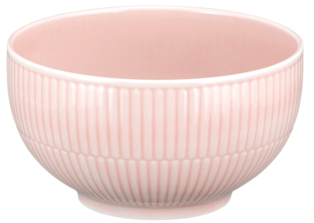 Rosa Müslischale mit geriffeltem Design, seitliche Perspektive