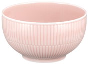 Rosa Müslischale mit geriffeltem Design, seitliche Perspektive
