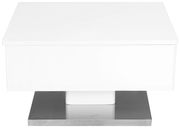 Moderner weißer Couchtisch mit quadratischer Form und Metallbasis, Frontalansicht