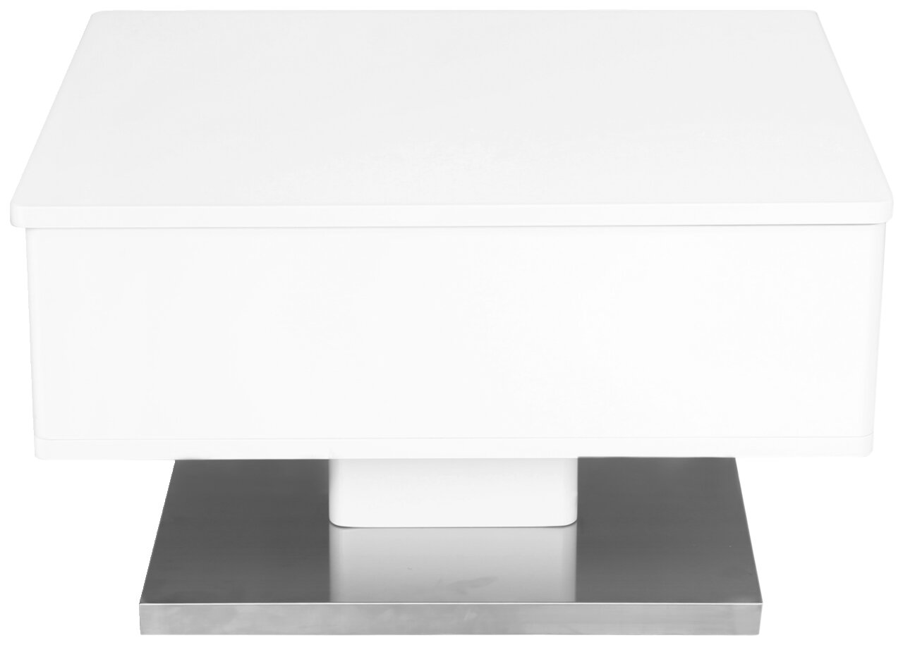 Moderner weißer Couchtisch mit quadratischer Form und Metallbasis, Frontalansicht