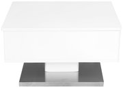 Moderner weißer Couchtisch mit quadratischer Form und Metallbasis, Frontalansicht
