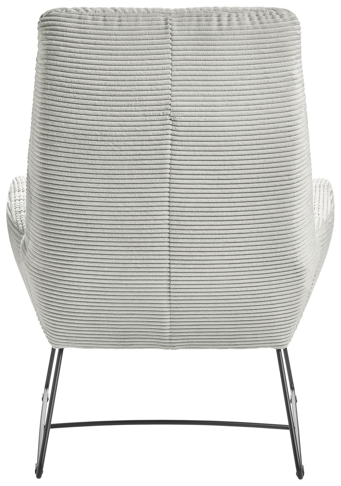 Rückansicht eines Sessels mit geripptem Stoffbezug und schlanken Metallbeinen.