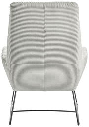 Rückansicht eines Sessels mit geripptem Stoffbezug und schlanken Metallbeinen.