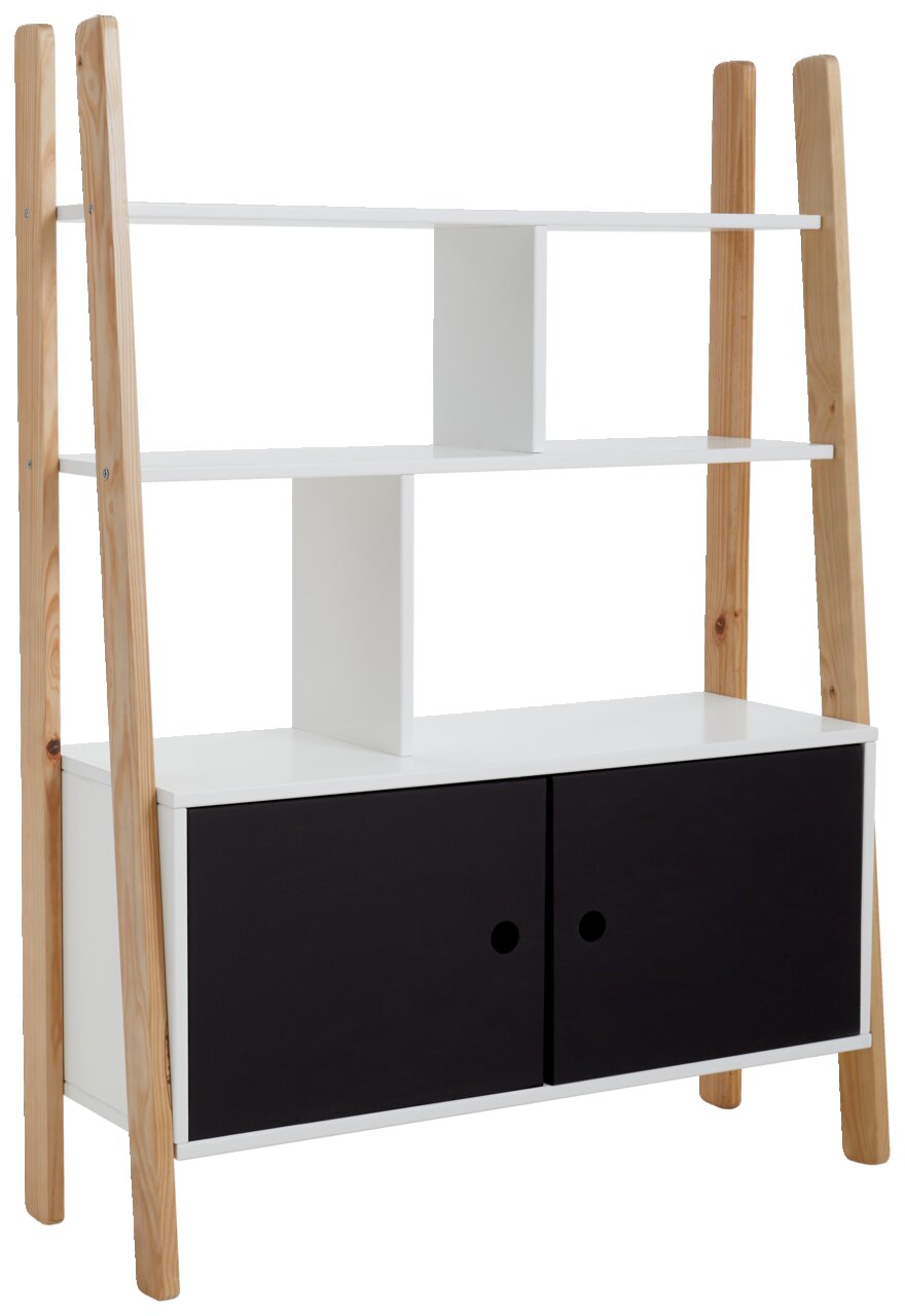 XORA Bücherregal OMAR Modernes Bücherregal mit weißem Korpus, schwarzen Schranktüren und naturbelassenen Holzbeinen, seitliche Perspektive