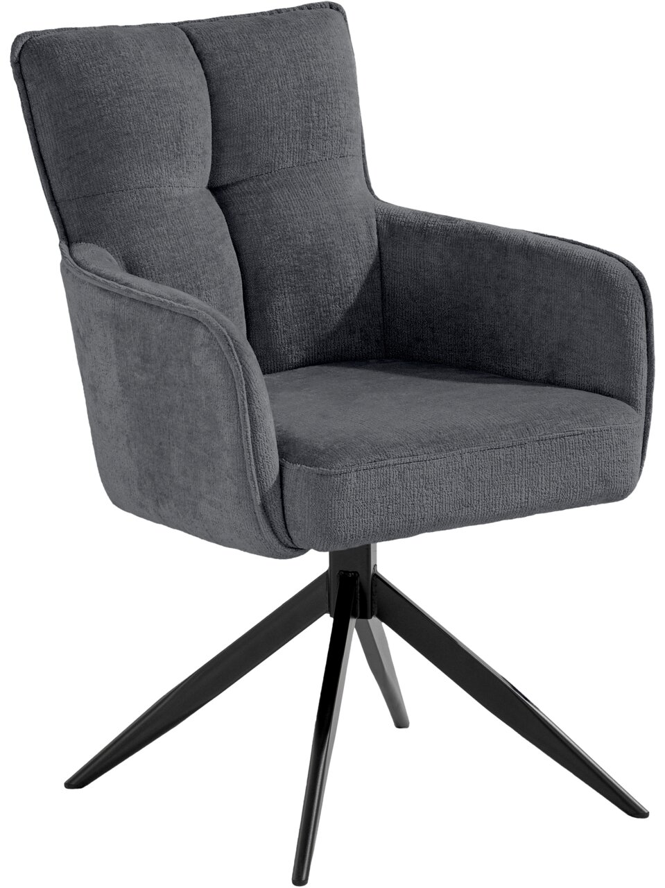 Set one by Musterring Armlehnstuhl SET ONE TUCSON Grauer Armlehnstuhl mit gepolsterter Sitzfläche und Rückenlehne, auf schwarzem Metallgestell. Perspektive: seitliche Ansicht.