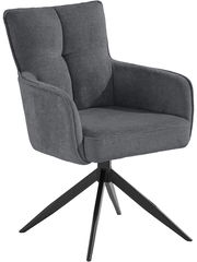 Grauer Armlehnstuhl mit gepolsterter Sitzfläche und Rückenlehne, auf schwarzem Metallgestell. Perspektive: seitliche Ansicht.