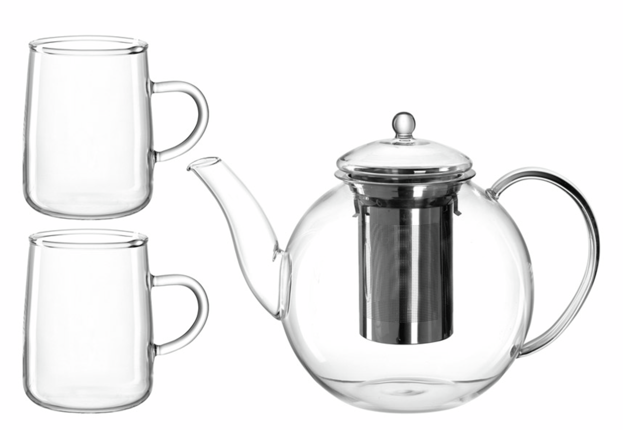 Leonardo Tee-Set 3-tlg. LIMITED EDITION Transparente Teekanne mit integriertem Sieb und zwei passenden Gläsern, seitliche Ansicht