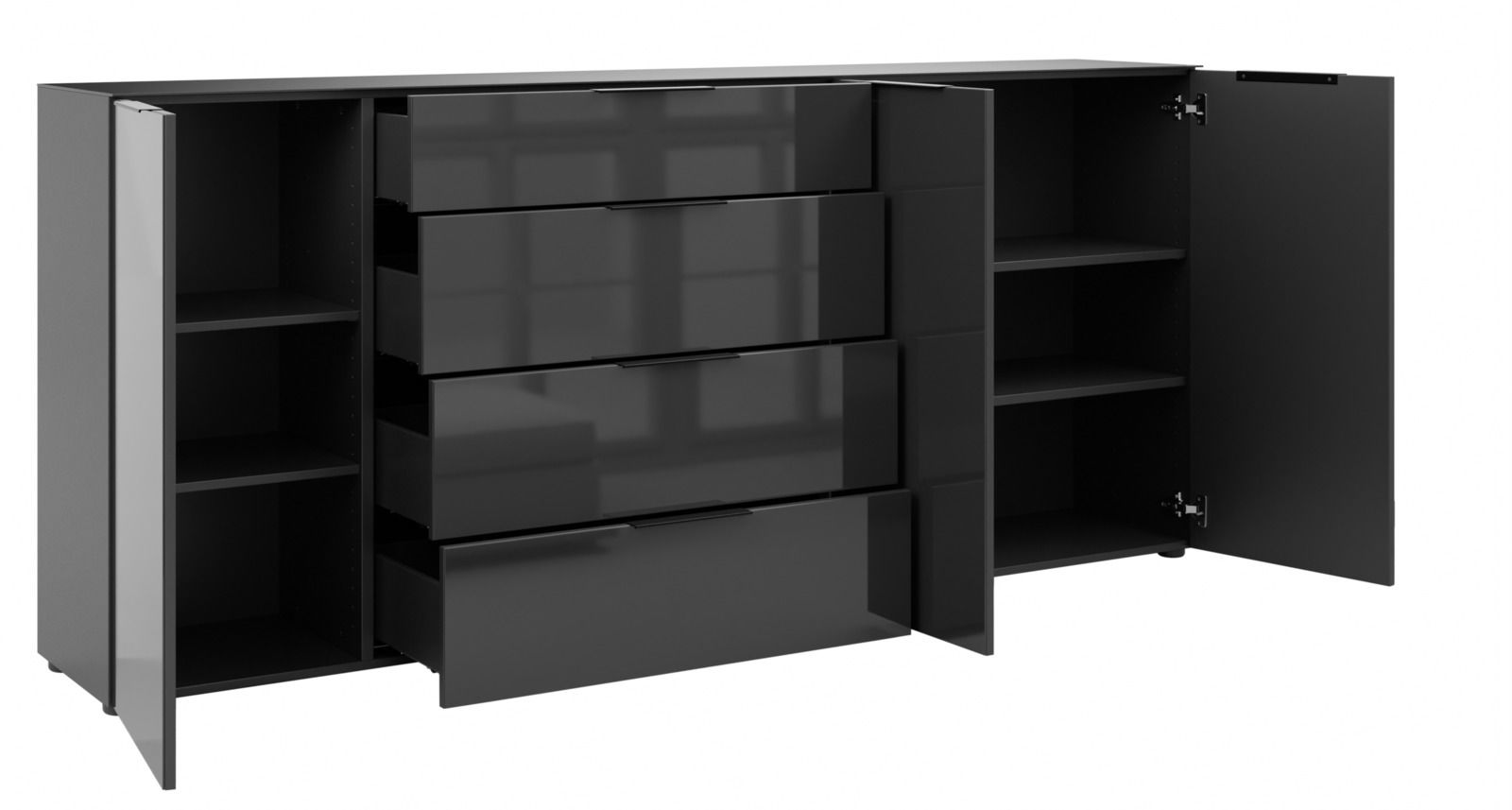 XXL-Sideboard in schwarzem Hochglanz mit offenen Türen und Schubladen, seitliche Perspektive