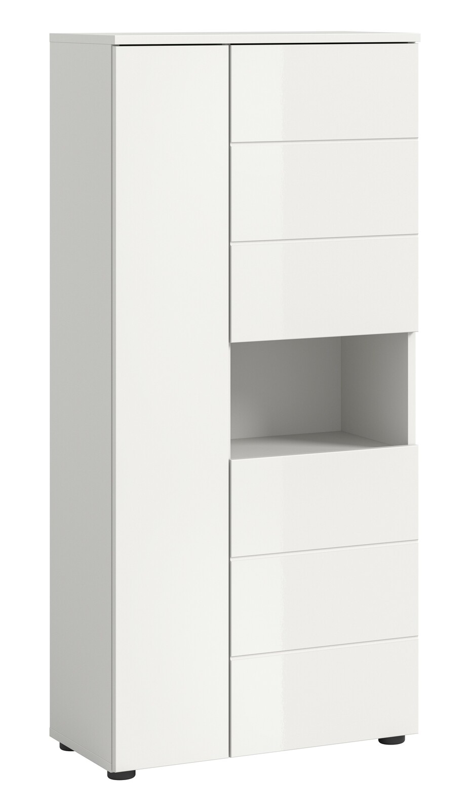 Weißer Standschrank mit mehreren Schubladen und einem offenen Fach, seitliche Perspektive