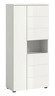 Weißer Standschrank mit mehreren Schubladen und einem offenen Fach, seitliche Perspektive