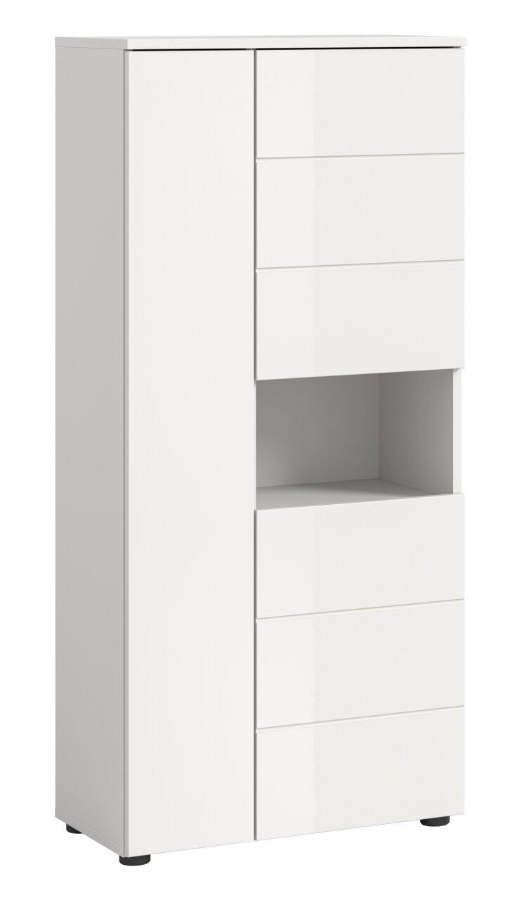 MID.YOU Standschrank VIRA Weißer Standschrank mit mehreren Schubladen und einem offenen Fach, seitliche Perspektive