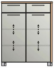 Frontansicht einer Schuhkommode mit zwei oberen Schubladen und vier unteren Klappen, in modernem Design.