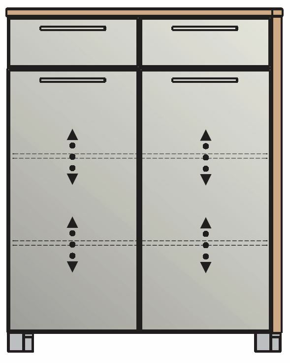 Frontansicht einer Schuhkommode mit zwei oberen Schubladen und vier unteren Klappen, in modernem Design.