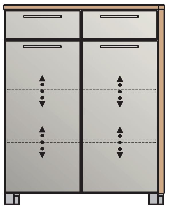 Frontansicht einer Schuhkommode mit zwei oberen Schubladen und vier unteren Klappen, in modernem Design.