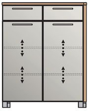 Frontansicht einer Schuhkommode mit zwei oberen Schubladen und vier unteren Klappen, in modernem Design.