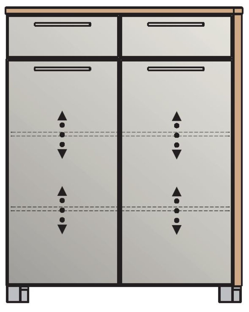 Frontansicht einer Schuhkommode mit zwei oberen Schubladen und vier unteren Klappen, in modernem Design.