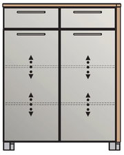 Frontansicht einer Schuhkommode mit zwei oberen Schubladen und vier unteren Klappen, in modernem Design.