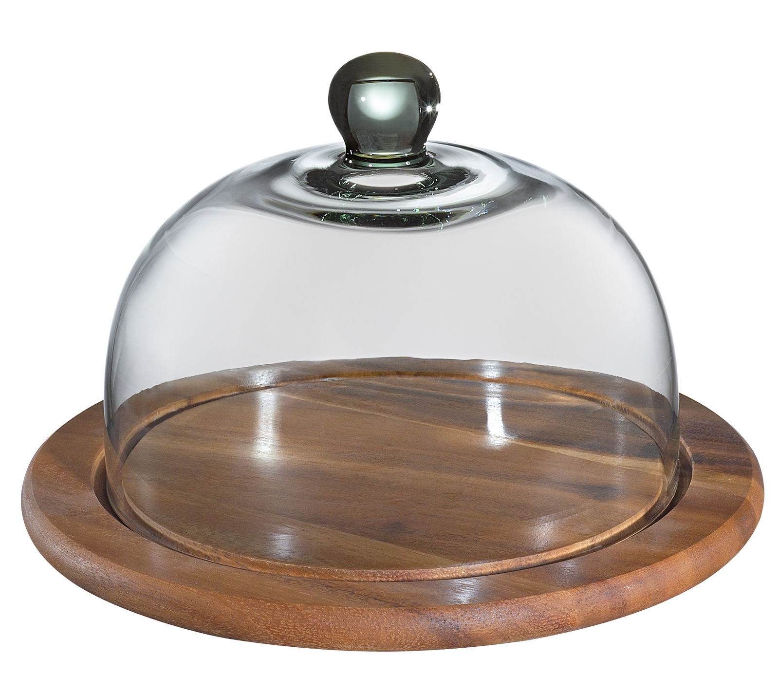 Käseglocke mit Glasdeckel auf Holzplatte, seitliche Perspektive