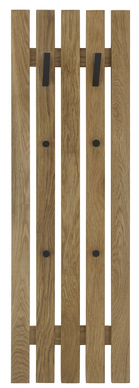 Garderobenpaneel aus Holz mit vier vertikalen Leisten und schwarzen Haken, Frontalansicht