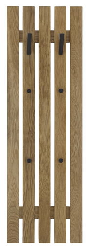 Garderobenpaneel aus Holz mit vier vertikalen Leisten und schwarzen Haken, Frontalansicht