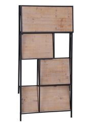 Modernes Regal mit schwarzem Metallrahmen und Holzelementen, seitliche Perspektive