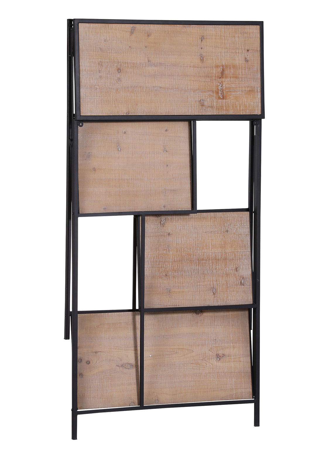 Modernes Regal mit schwarzem Metallrahmen und Holzelementen, seitliche Perspektive
