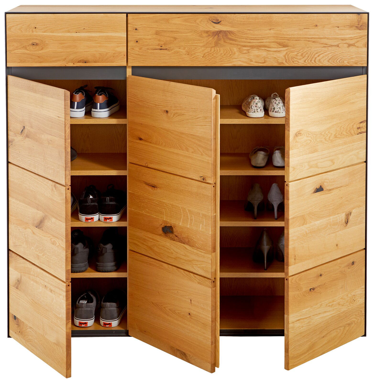 XL-Schuhschrank aus Holz mit geöffneter Frontansicht, zeigt mehrere Fächer mit Schuhen.