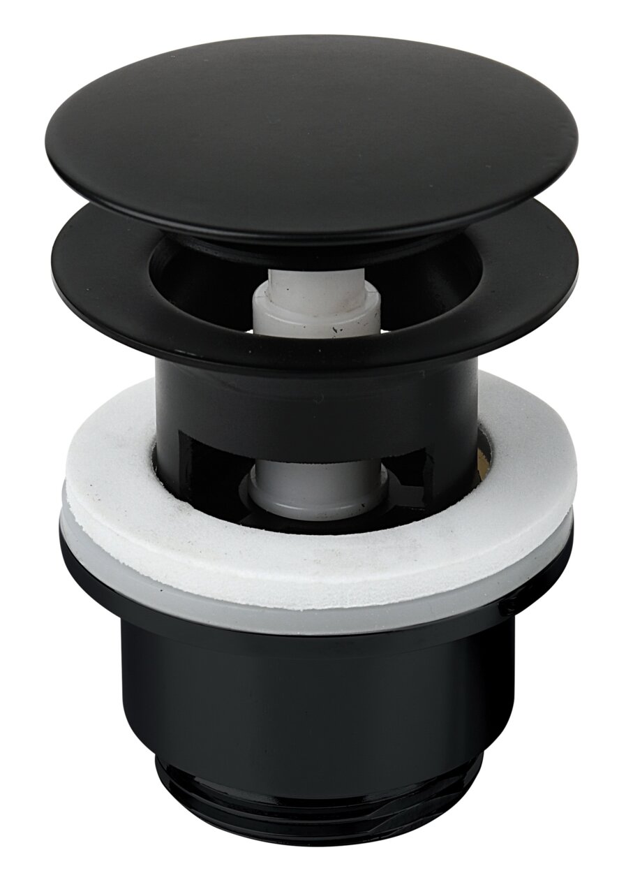 Schwarze Ablaufgarnitur aus Kunststoff, seitliche Perspektive