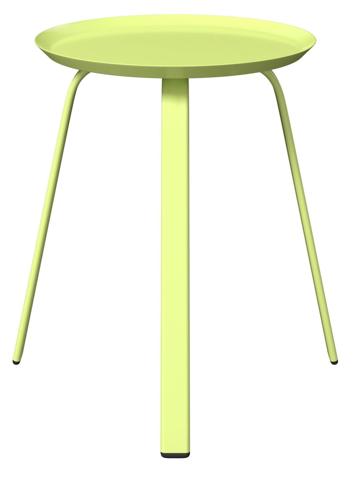 Moderner, hellgrüner Beistelltisch mit runder Tischplatte und drei Beinen, seitliche Perspektive