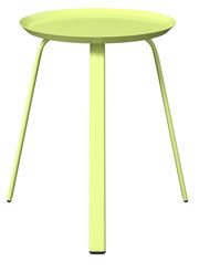 Moderner, hellgrüner Beistelltisch mit runder Tischplatte und drei Beinen, seitliche Perspektive