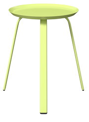 Moderner, hellgrüner Beistelltisch mit runder Tischplatte und drei Beinen, seitliche Perspektive