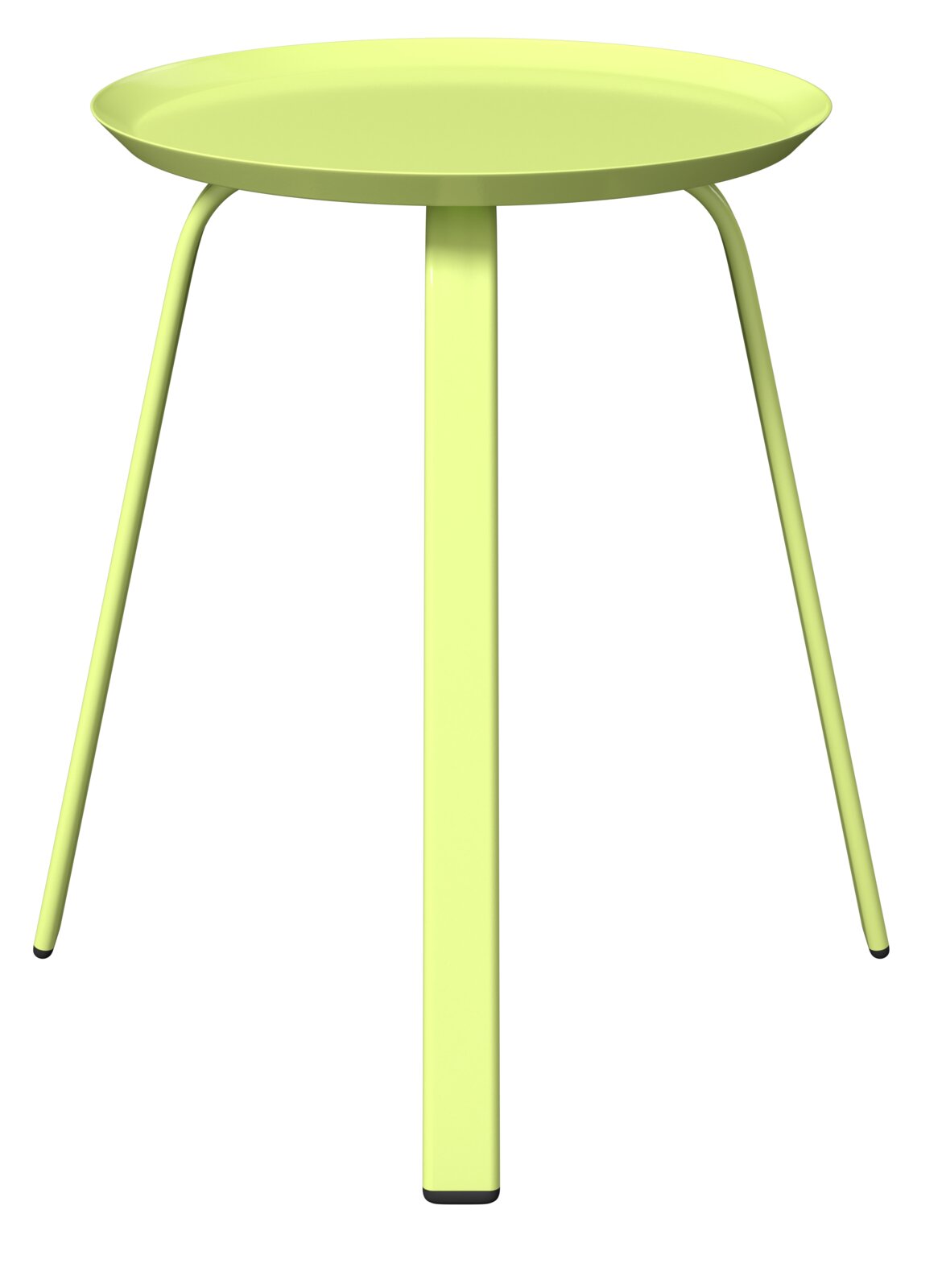 Moderner, hellgrüner Beistelltisch mit runder Tischplatte und drei Beinen, seitliche Perspektive