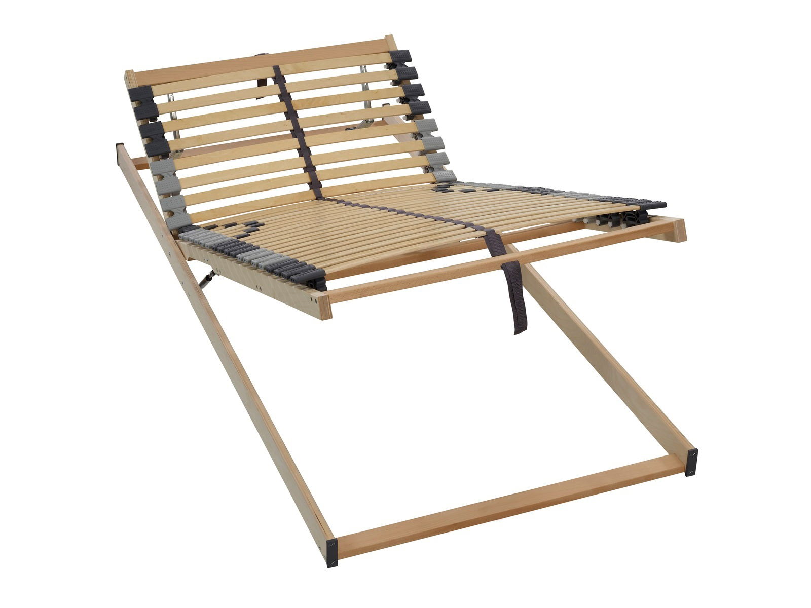 Federholzrahmen in seitlicher Perspektive, zeigt die verstellbaren Latten und den stabilen Holzrahmen.