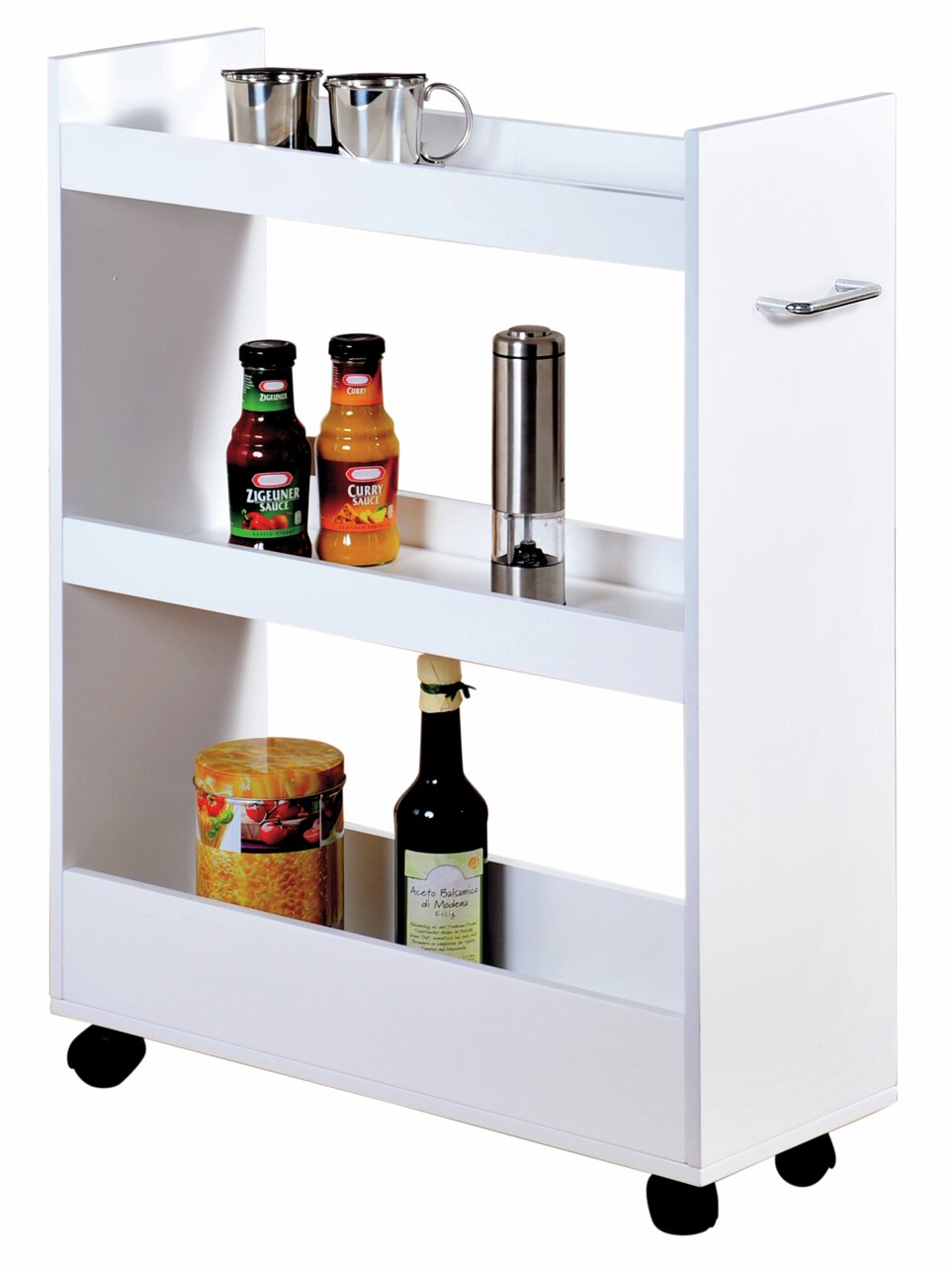 Kesper Nischenregal Weißes Nischenregal mit drei Ebenen, gefüllt mit Gewürzen und Küchenutensilien, auf Rollen, seitliche Perspektive