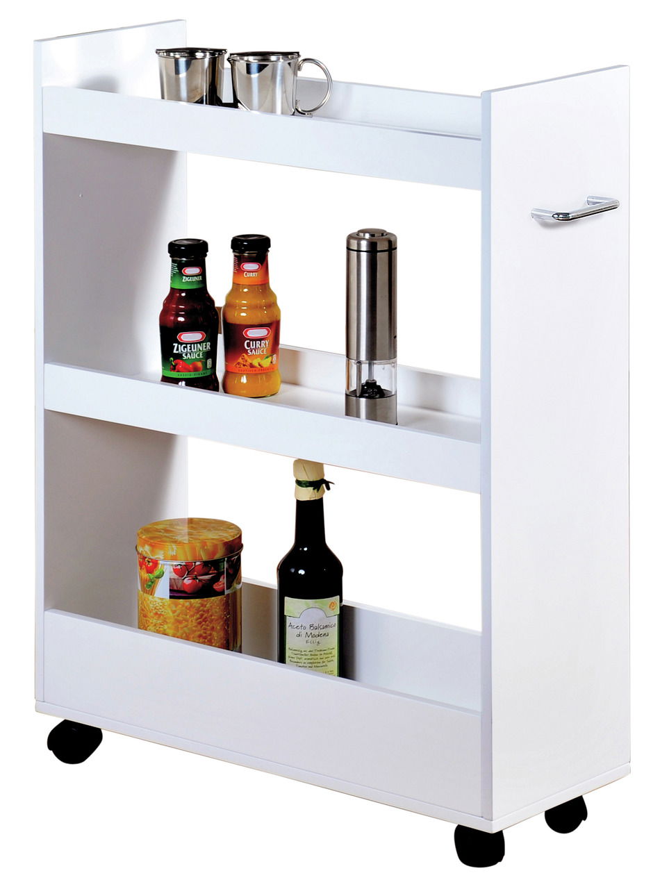 Weißes Nischenregal mit drei Ebenen, gefüllt mit Gewürzen und Küchenutensilien, auf Rollen, seitliche Perspektive
