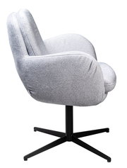 Grauer Drehstuhl mit gepolsterter Sitzfläche und Rückenlehne, seitliche Perspektive