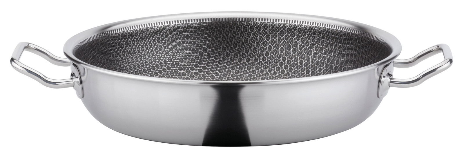 Servierpfanne XL CUT RESIST PU aus Edelstahl mit zwei Griffen, seitliche Perspektive