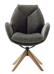 Moderner Armlehnstuhl mit gepolstertem Sitz in dunklem Stoff und Holzbeinen, Frontalansicht