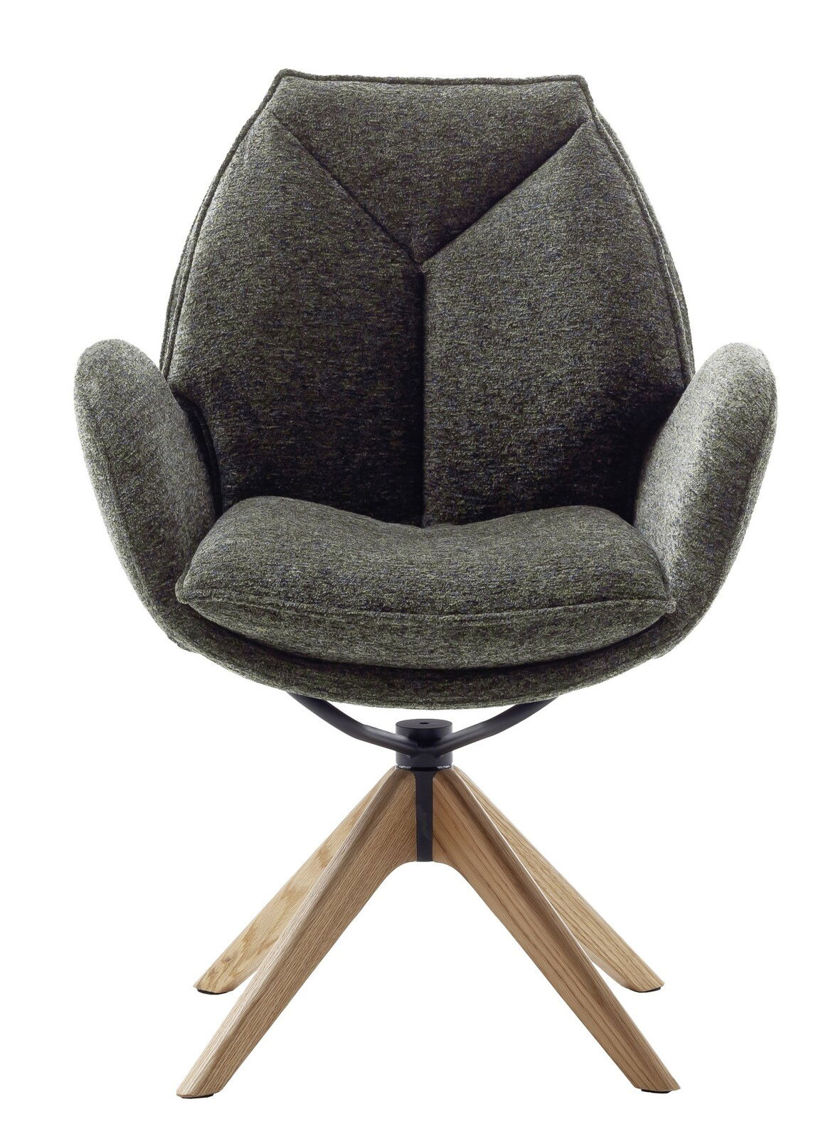 Moderner Armlehnstuhl mit gepolstertem Sitz in dunklem Stoff und Holzbeinen, Frontalansicht