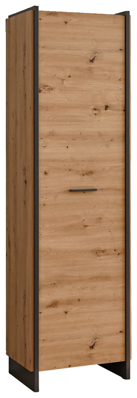 Garderobenschrank aus Holz mit schwarzem Rahmen, seitliche Perspektive