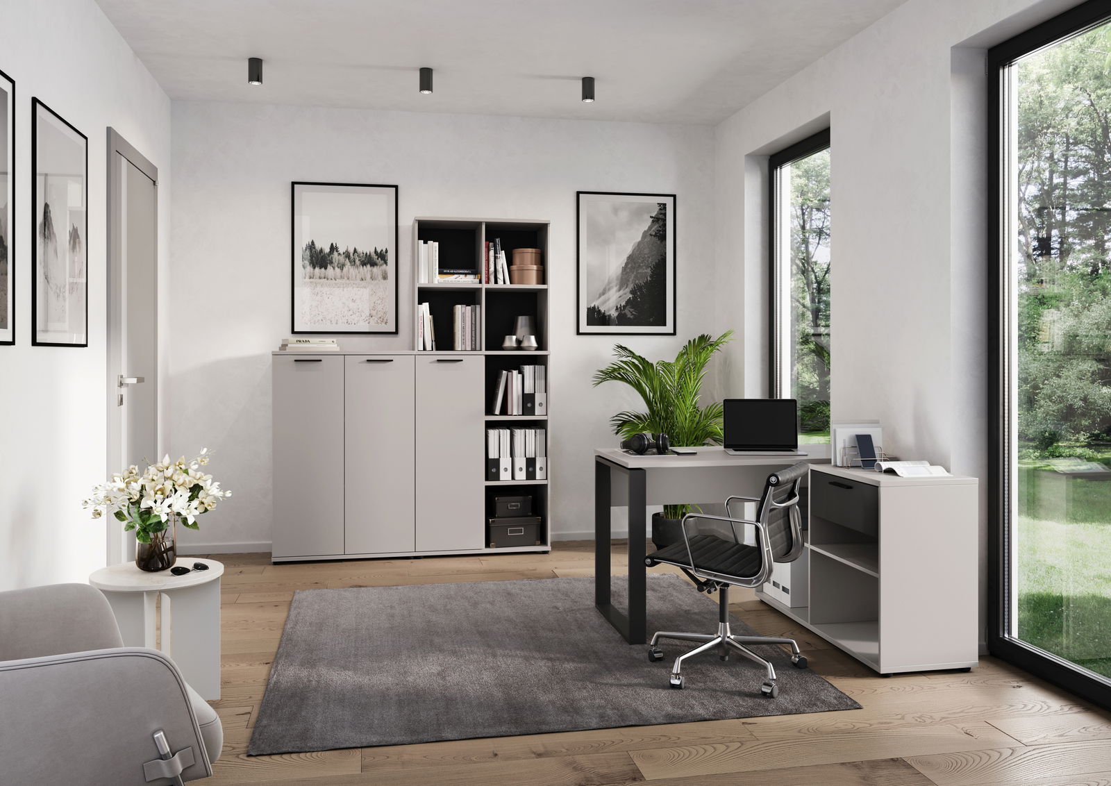 Modernes Büro mit Winkelschreibtisch, Aktenschrank und Regal, seitliche Perspektive