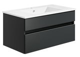 Moderne Badkombination mit schwarzem Unterschrank und weißem Waschbecken, seitliche Perspektive