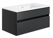 Moderne Badkombination mit schwarzem Unterschrank und weißem Waschbecken, seitliche Perspektive