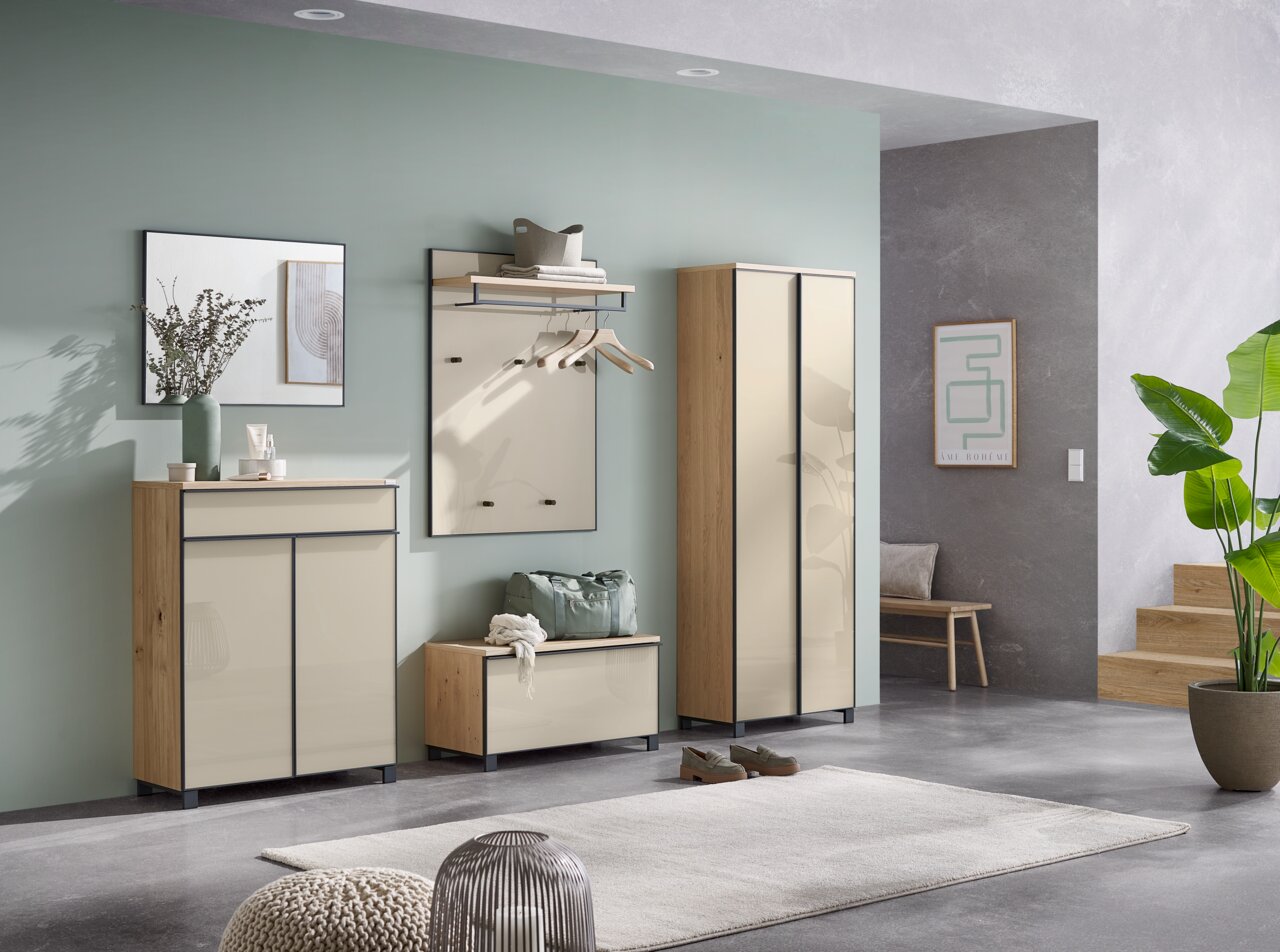 Moderner Schuhschrank in einem stilvollen Flur, frontal betrachtet, mit Holz- und Hochglanzoberflächen.