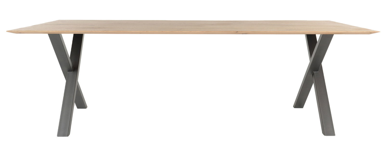Moderner Esstisch mit Holzplatte und X-förmigen Metallbeinen, seitliche Perspektive